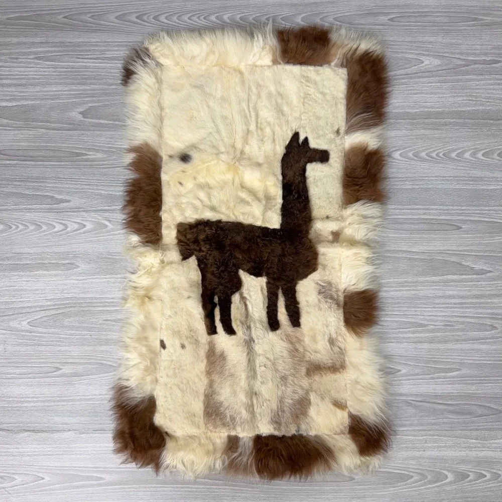 Vtg Alpaca Hide Wall Hanging Rug Peruvian Llama Folk Art Patchwork Decor 18x30in